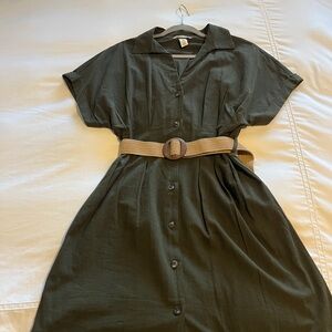 H&M Olive Green Button-Front Shirt Dress with Woven Belt
